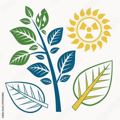 Stylized illustration of a growing plant with green and blue leaves a yellow sun symbol containing a radiation hazard sign and separate leaf outlines