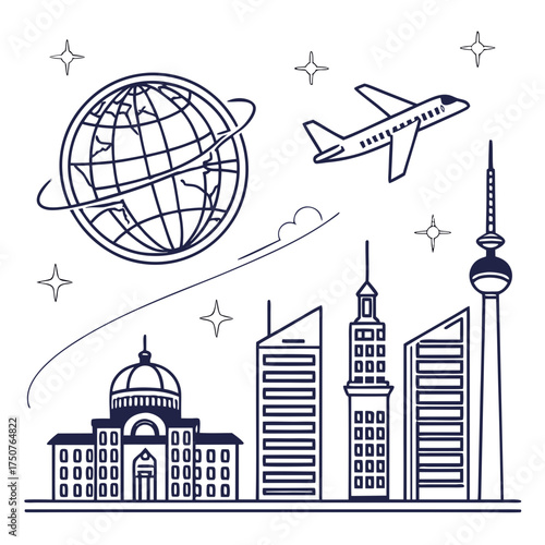 Stylized line art illustration of an airplane flying around the globe above a city skyline featuring iconic buildings and stars
