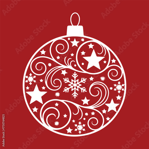 a decorative Christmas ornament ball featuring elegant swirls, stars, and a snowflake design