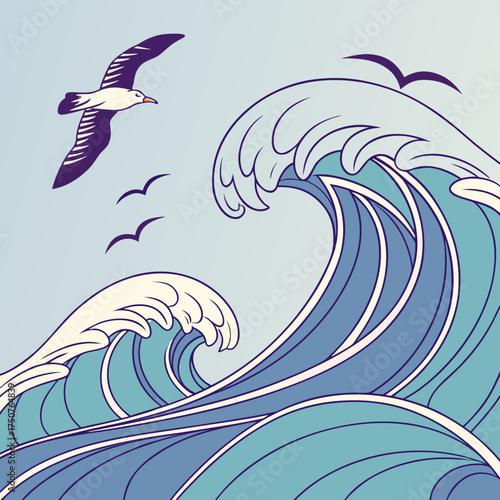 Stylized illustration of powerful blue ocean waves crashing with white foam and seagulls soaring gracefully against a serene pale blue sky