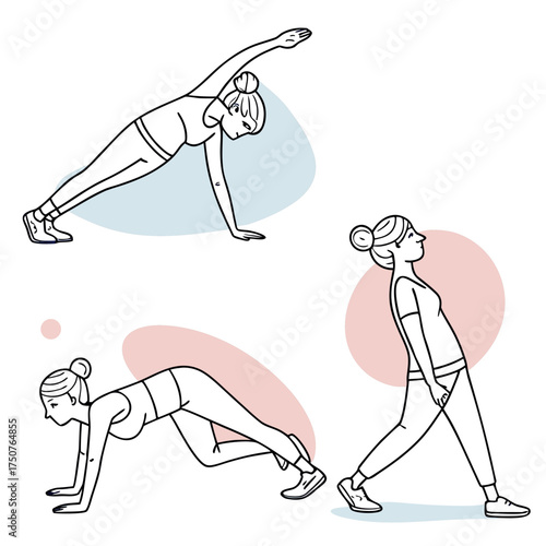 Three stylized line drawings of a woman performing different fitness exercises including a side plank mountain climbers and a lunge with a pastel colored background
