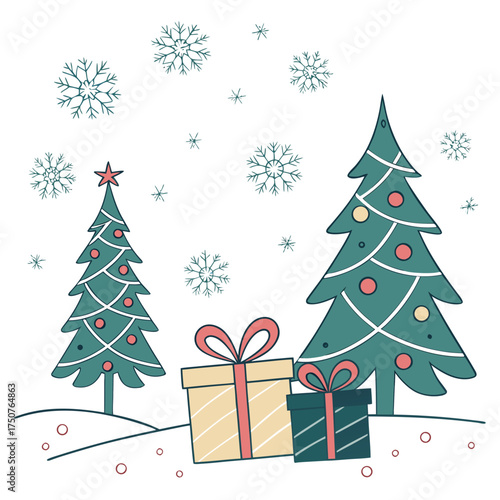 Whimsical winter scene featuring two decorated christmas trees adorned with ornaments and a star nestled in snowy hills with falling snowflakes and festive gift boxes below
