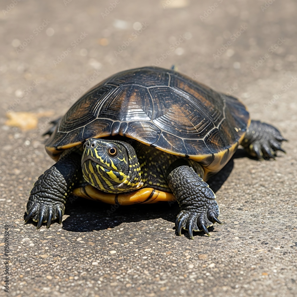Obraz premium Yellow-bellied Slider Turtle basking in the sun on concrete.
