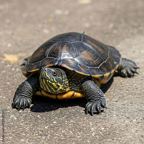Yellow-bellied Slider Turtle basking in the sun on concrete.