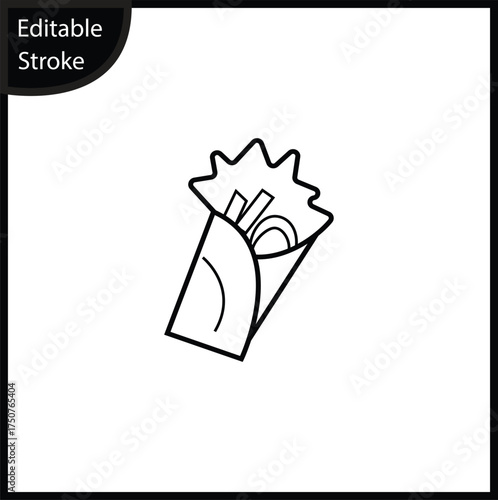 A simple line icon depicting a wrapped item like a burrito, kebab, or shawarma, showing fillings spilling out the top, centered on a white background. This clean, editable stroke.perfect for appearenc