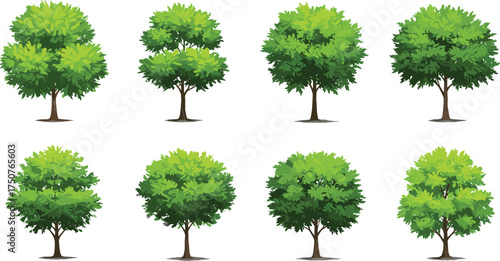 Eight cartoon-style green trees with full canopies and brown trunks, ideal for nature scenes, game assets, educational materials, landscaping designs, and digital art projects
