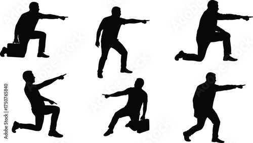 Businessman silhouette pointing, leadership concept, direction guidance, corporate decision making, professional posture, briefcase figure, authority symbol, teamwork instruction, business success, 
