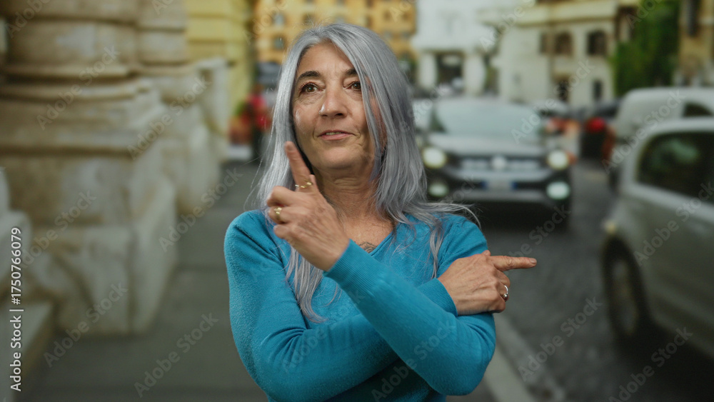 Fototapeta premium Woman with grey hair wearing blue sweater stands confidently on a bustling street, pointing with both hands, showcasing vibrant urban life and captivating expressions.