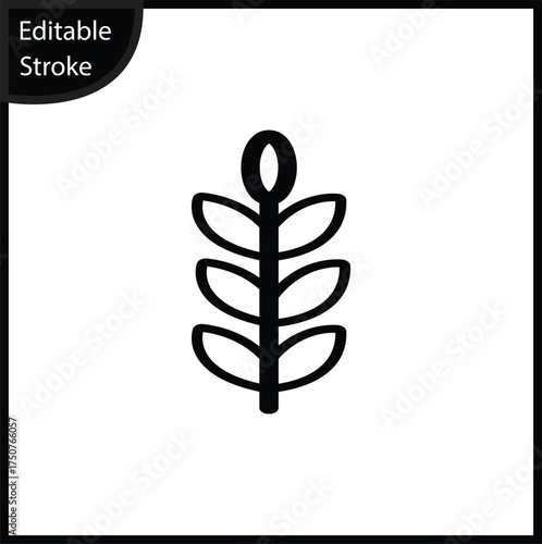 A simple line icon depicting a vertical stem with pairs of leaves, centered on a white background. This clean, editable stroke symbol represents nature, organic products, vegan food, herbs, or plants.