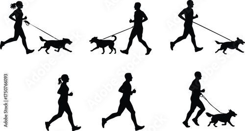Running silhouettes with dogs, jogging exercise, fitness activity, pet companionship, outdoor workout, healthy lifestyle, human animal bond, sport training, active people illustration