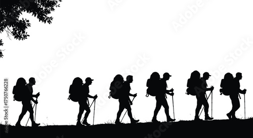 Hiking silhouettes, trekking adventure, outdoor exploration, backpackers walking, mountain journey, teamwork in nature, wilderness travel, camping lifestyle, active people, scenic expedition
