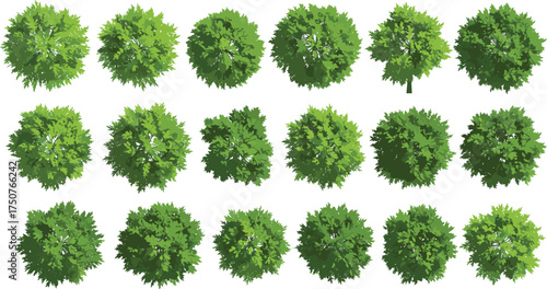 Eighteen top-down views of lush green tree canopies in various shapes, ideal for architectural plans, landscaping designs, game assets, and nature-themed digital projects