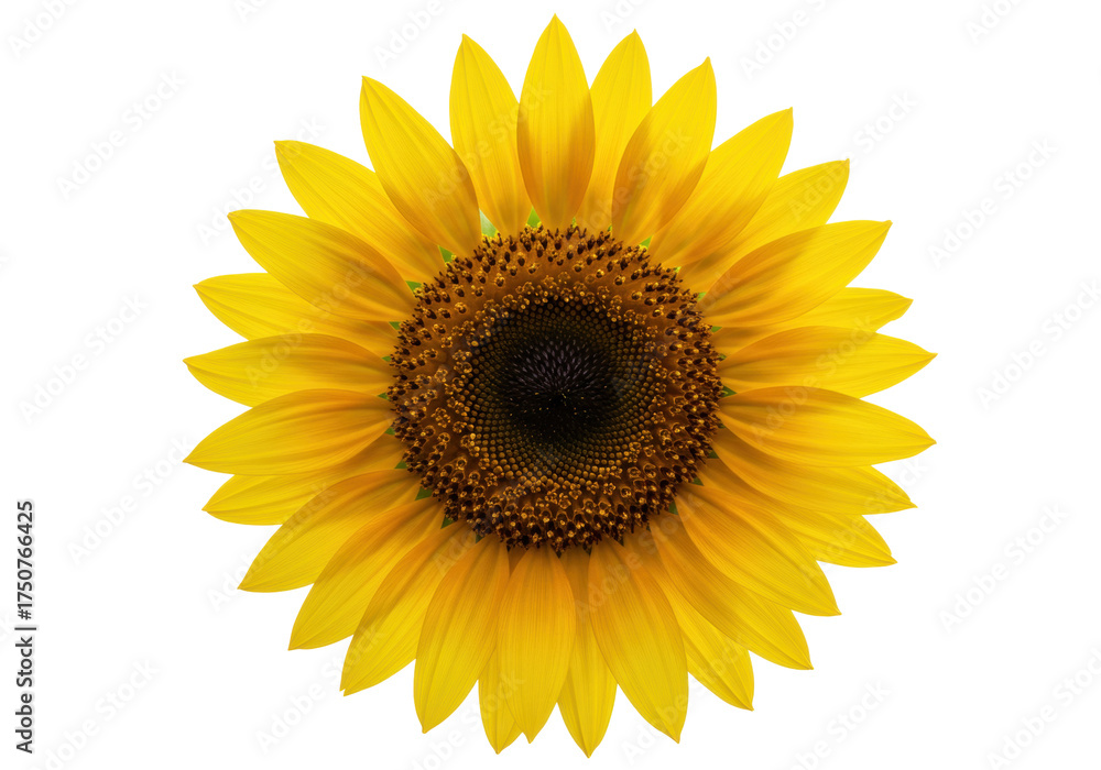 Fototapeta premium Isolated yellow sunflower blossom with a dark brown center for oil, seeds, honey, and food