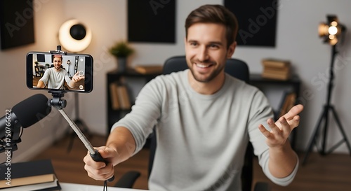 Engaging Content Creator - A Man Vlogging with Enthusiasm and Modern Tech.