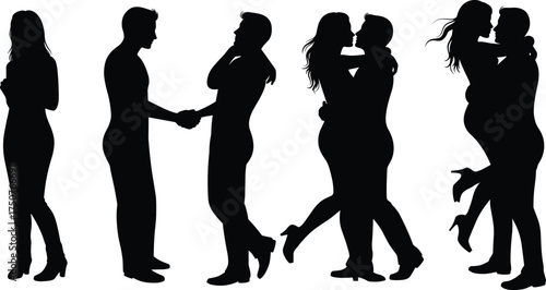Silhouettes of Couples and People in Romantic, Friendly, and Emotional Poses, Love, Interaction, Communication, and Human Relationship Concept on White Background
