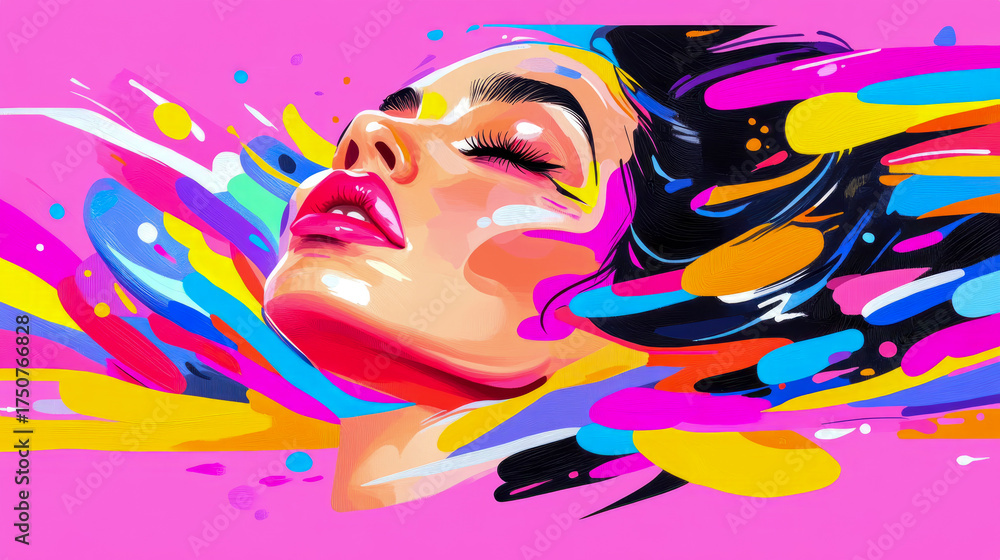Naklejka premium Vibrant pop art portrait of woman in colorful ecstasy, with dynamic splashes of neon hues creating dreamlike, expressive composition against bright pink background