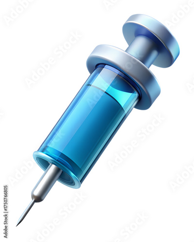 3D illustration of a healthcare syringe with chrome detailing and bright blue fluid for pharmaceutical visuals
