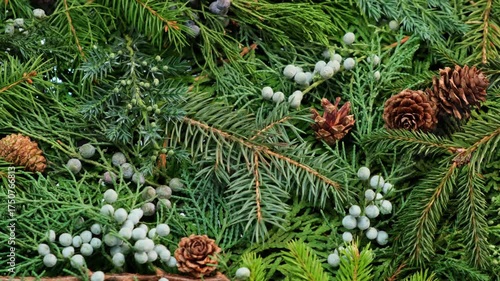 The composition slowly rotates on a turntable, creating a cozy and rustic holiday background. Ideal for use in Christmas videos, winter promotions, seasonal ads, and eco-friendly holiday projects