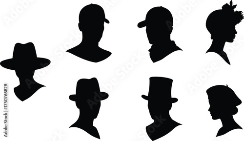 Silhouette heads with hats, fashion accessories, vintage style, modern caps, cultural diversity, creative design, black outline, stylish headwear, artistic illustration, unique profiles