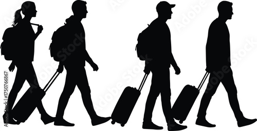 Silhouettes of travelers walking with luggage, suitcase, backpack, airport travel concept, tourism, journey, people on trip, modern travel lifestyle image