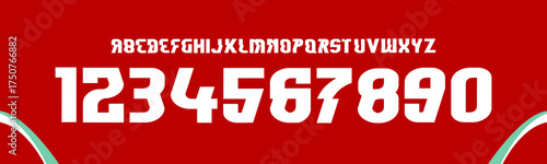 font liverpool vector tea kit sport style font. football style font with bold and points inside. liverpool, red color jersey, englandpremier league. sports style letters and numbers for soccer team.