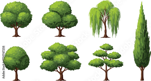 Set of cartoon green trees and bushes, natural landscape elements, perfect for game design, outdoor scenes, environment illustrations, or educational materials.