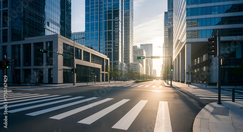 Serene city street scene captured in the soft glow of a sunday morning light on modern architecture.