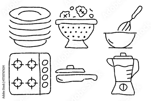 Hand Drawn Cooking Icons Collection. Kitchen, Baking, Frying Pan, Vector Set for Web and Mobile Design