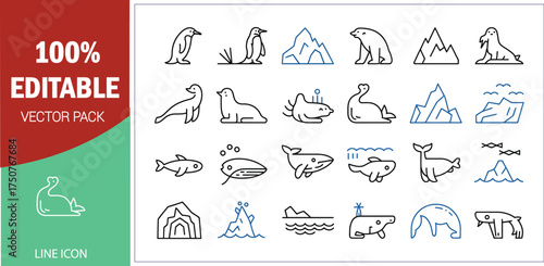 Arctic and Antarctic Animals and Iceberg Line Icons