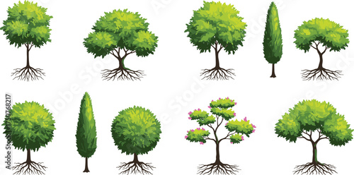 Ten cartoon-style green trees with exposed roots and varied shapes, including one with pink flowers, ideal for nature scenes, game assets, and educational projects