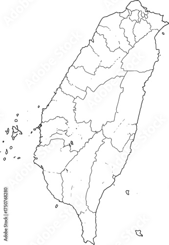 Outline Map of Taiwan with Administrative Division Borders Illustration