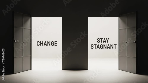 Change or Stay Stagnant concept animation, two opening doors revealing growth and comfort zone contrast, metaphor of personal development and transformation