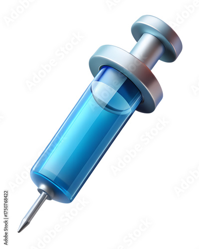 High-quality 3D illustration of a blue injection syringe with needle and metallic details on clear background