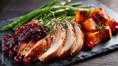 Roasted Turkey with Cranberry Sauce on Slate