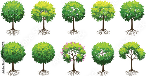 Ten cartoon-style green trees with exposed roots and varying leaf shades, including one with pink blossoms, perfect for nature scenes, game assets, and educational designs