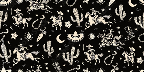 Whimsical western cowboy and cactus seamless pattern with moon and stars on black background