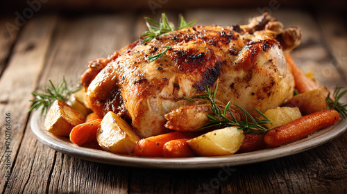 Roasted Chicken with Herbs on Rustic Wood