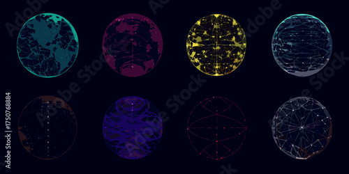 Collection of abstract digital spheres with intricate geometric patterns and glowing lines on a dark background