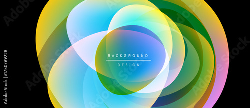 Abstract colorful layers create dynamic visual effect. Gradient hues blend, forming circular composition. Modern design element.