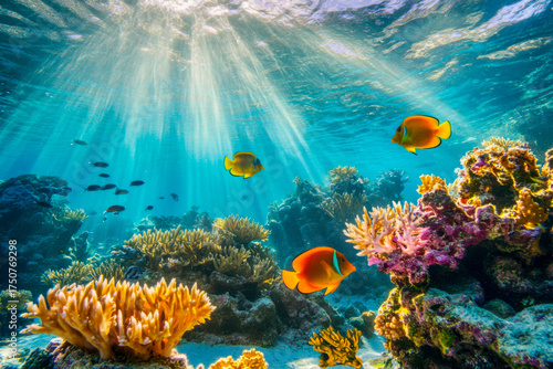 Wallpaper Mural Brightly colored fish swim among vibrant coral reefs in a clear ocean environment, illuminated by sunlight rays filtering through the water Torontodigital.ca