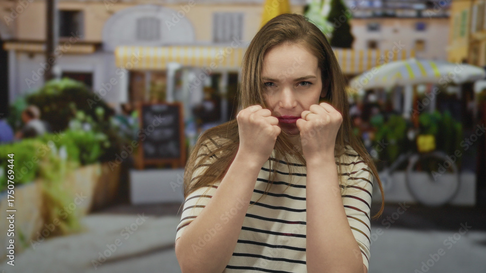 Fototapeta premium Woman in striped shirt raises fists in defensive boxing pose with serious expression on a busy street; defiance.