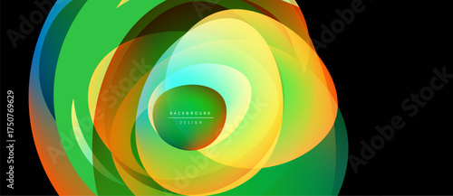 Abstract colorful layers create dynamic flow. Gradient shades blend, forming swirling visual effect. Modern design element.