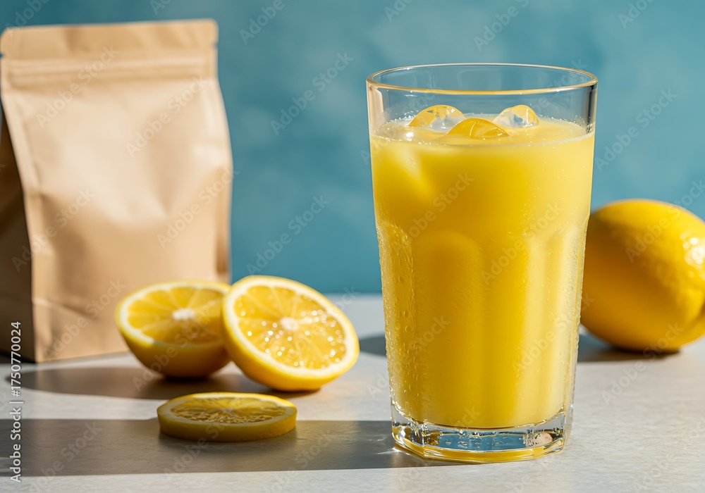 Fototapeta premium Refreshing glass of yellow juice with lemon slices and brown paper bag
