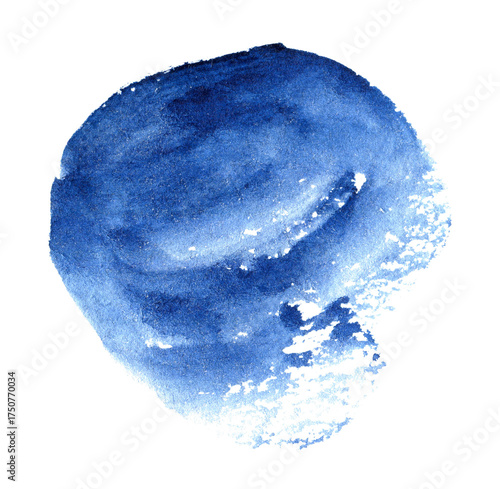 Blue watercolor hand drawn stain on white paper grain texture. Abstract water color artistic brush paint splash background