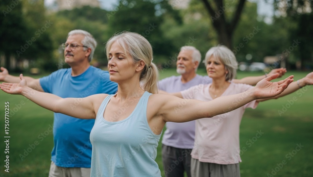 Fototapeta premium Active Seniors Practicing Tai Chi Outdoors in a Serene Park Setting