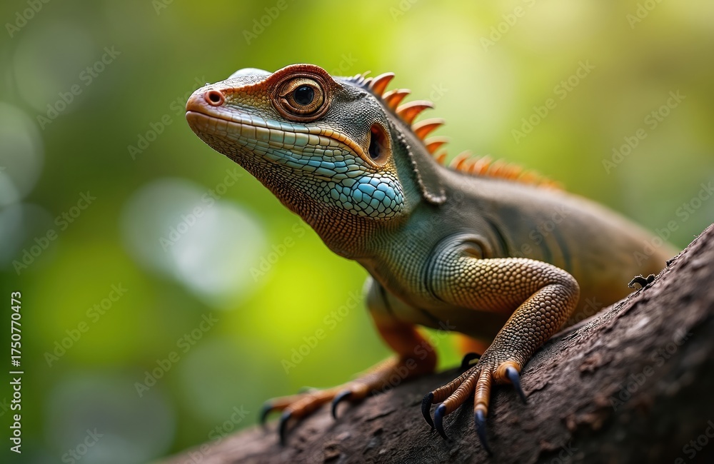 Obraz premium Colorful lizard perches on tree branch in rainforest. Iguana has vibrant scales, spiky crest on its head. Wildlife scene in tropical environment. Close-up view of reptile in natural habitat.