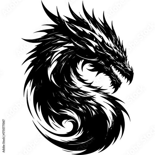 Majestic Dragon's Gaze: An artistic depiction of a powerful dragon, rendered in bold black and white, its fierce gaze captivating the viewer with a sense of mythical strength.