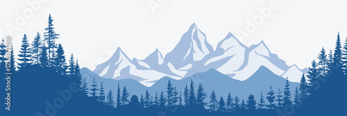 Mountain landscape with forest, morning haze, vector illustration, panoramic view
