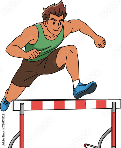 Cartoon athlete jumping over hurdle in race, dynamic vector illustration of sports action, track and field competition, agility, strength, and determination
