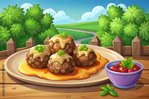 Swedish meatballs with creamy sauce and mashed potatoes vector iconic Scandinavian comfort dish.